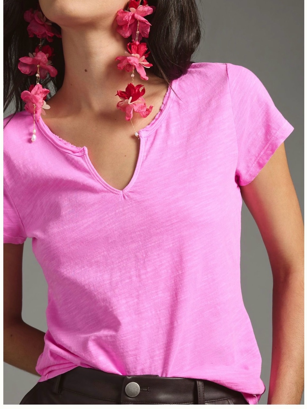 Pilcro Vibrant Pink Notch-Neck Slim Tee